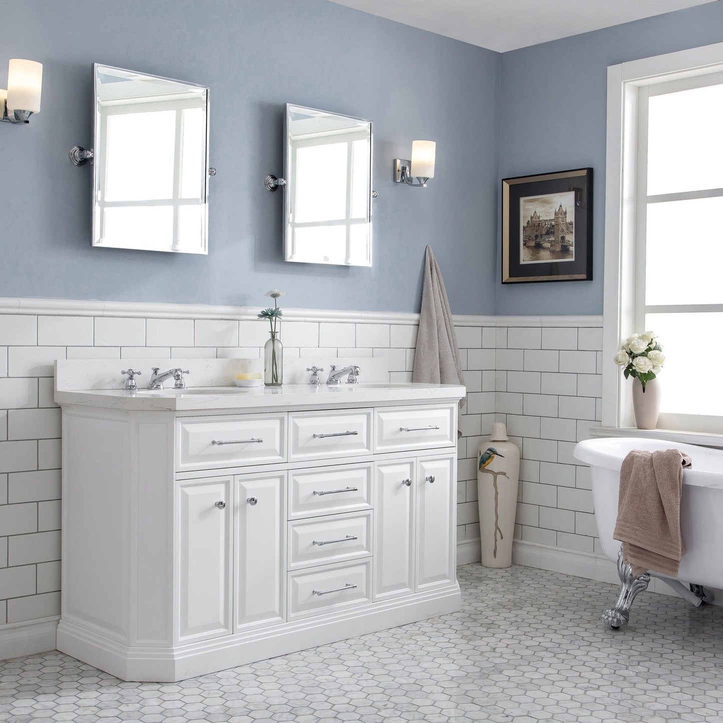 Water Creation Palace 60" Quartz Carrara Pure White Bathroom Vanity Set With Hardware in Chrome Finish