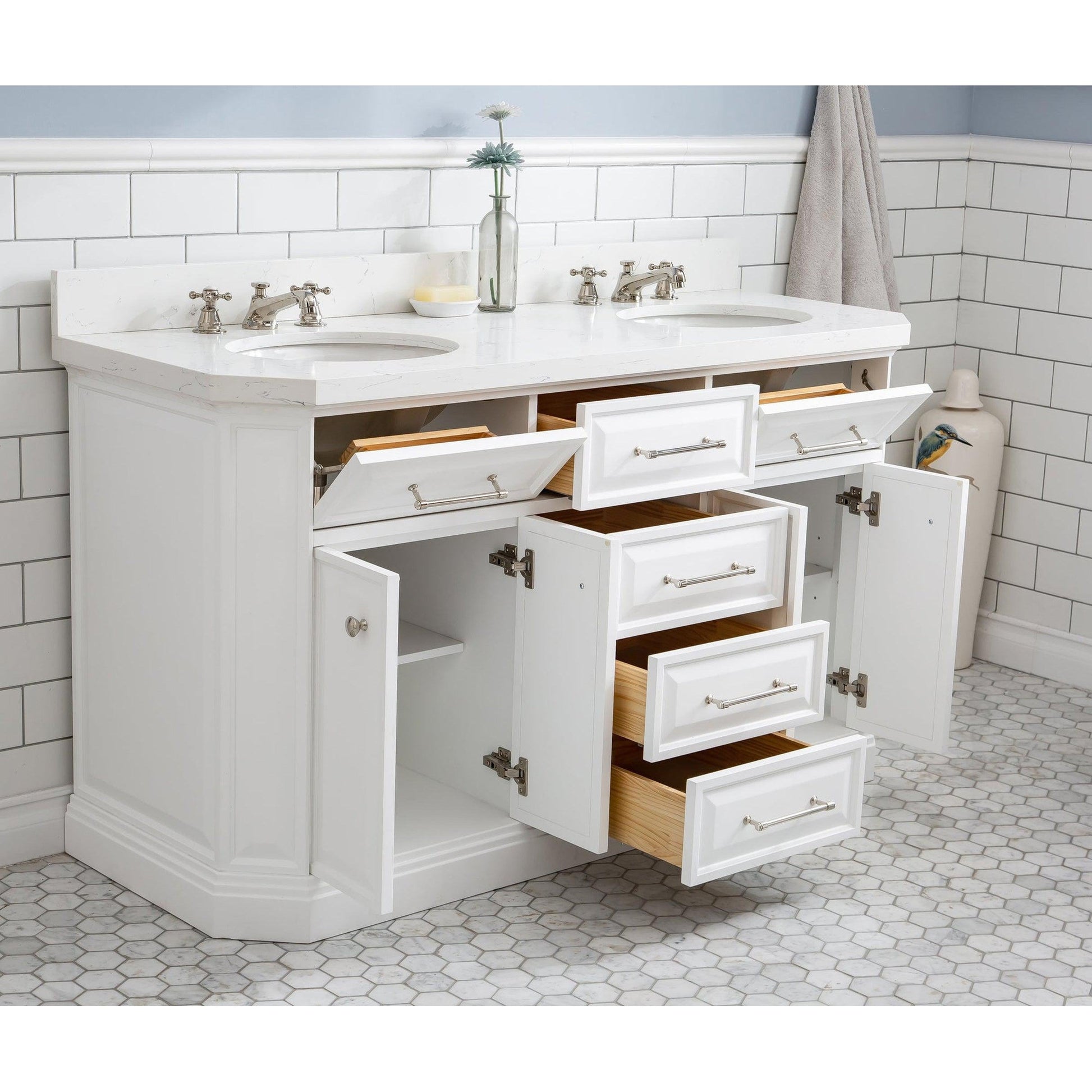 Water Creation Palace 60" Quartz Carrara Pure White Bathroom Vanity Set With Hardware in Polished Nickel (PVD) Finish