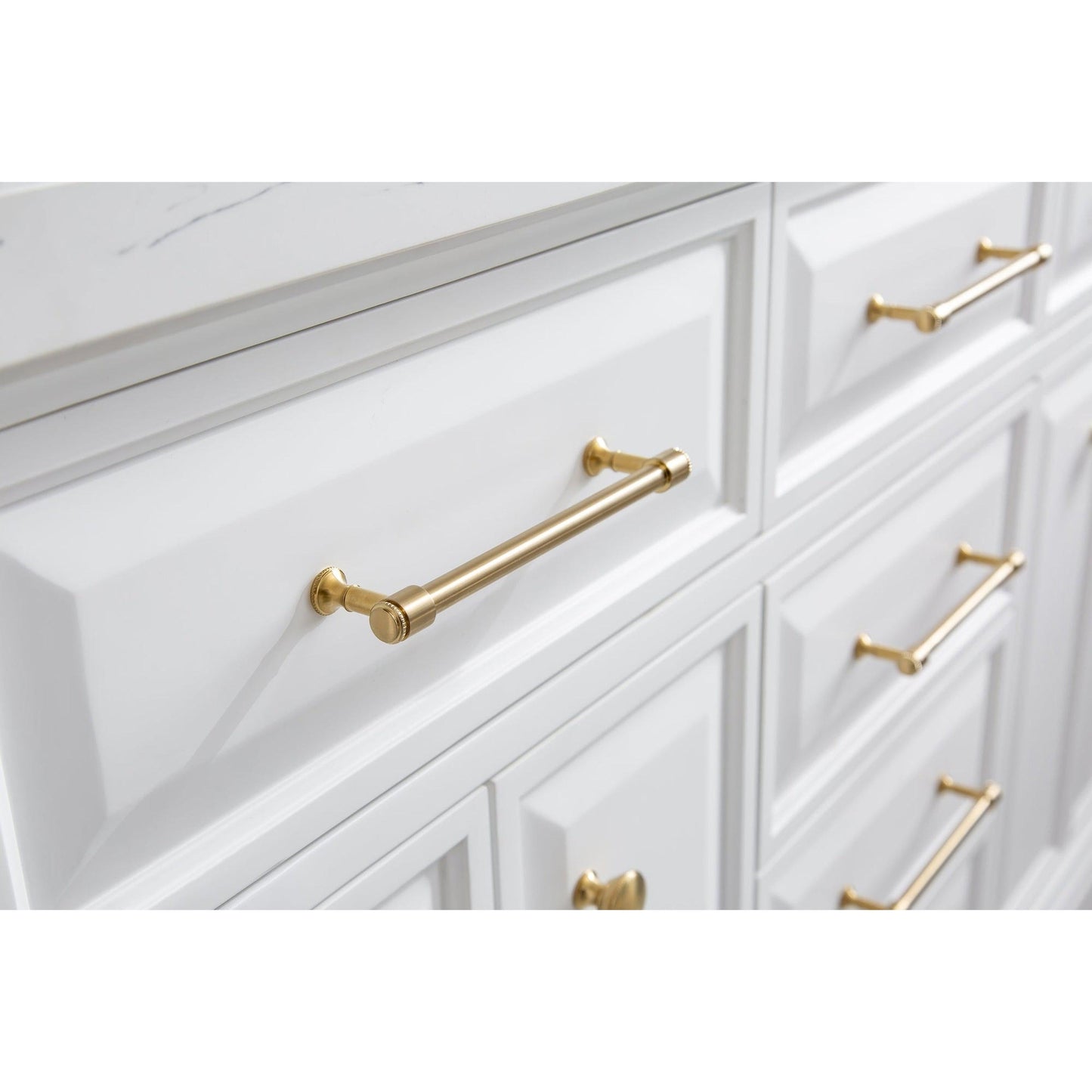 Water Creation Palace 60" Quartz Carrara Pure White Bathroom Vanity Set With Hardware in Satin Gold Finish And Only Mirrors in Chrome Finish