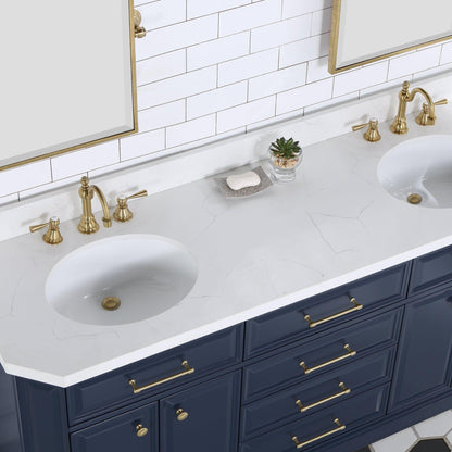 Water Creation Palace 72" Double Sink White Quartz Countertop Vanity in Monarch Blue with Hook Faucets