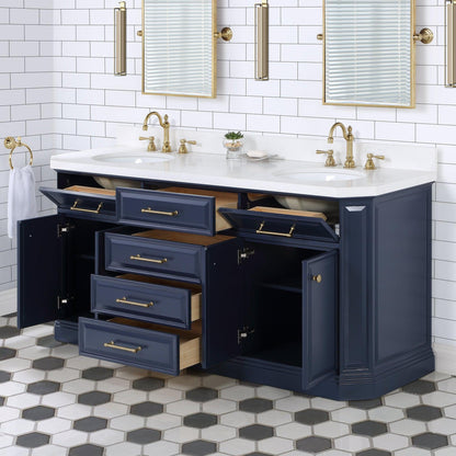 Water Creation Palace 72" Double Sink White Quartz Countertop Vanity in Monarch Blue with Hook Faucets