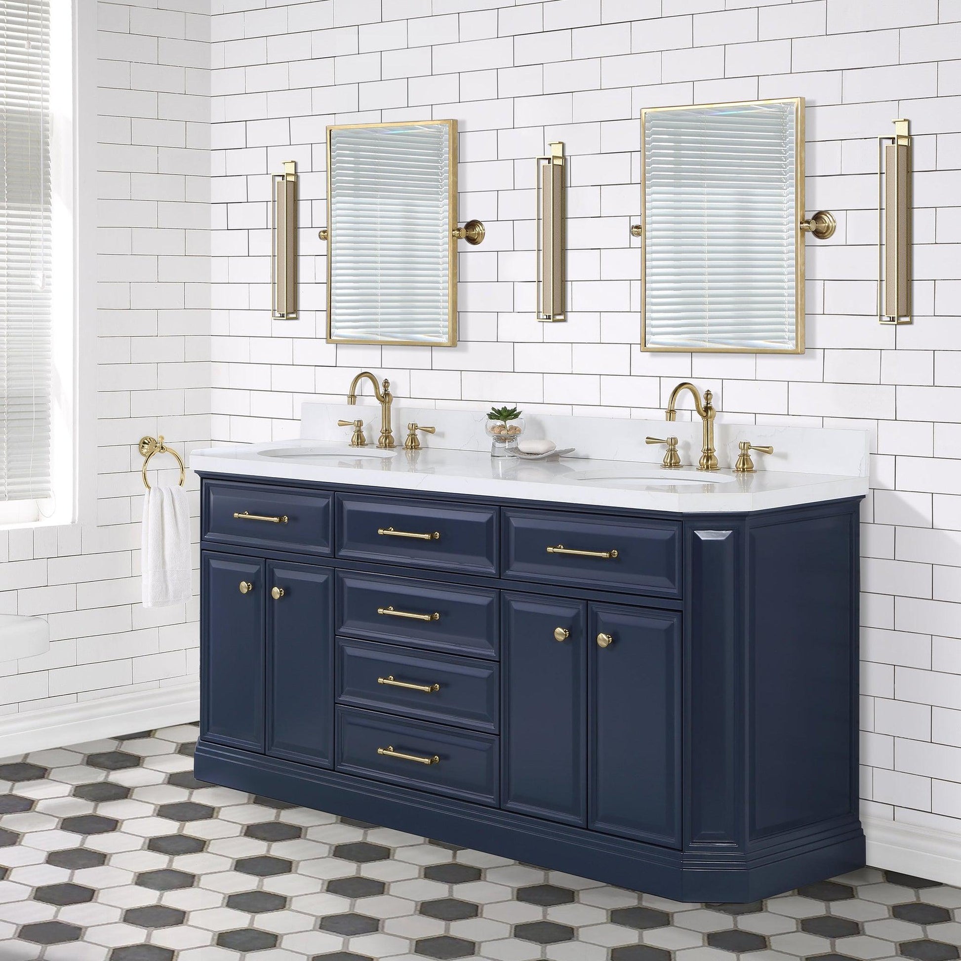 Water Creation Palace 72" Double Sink White Quartz Countertop Vanity in Monarch Blue with Hook Faucets