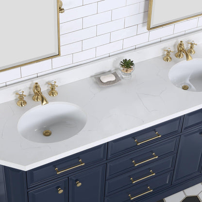 Water Creation Palace 72" Double Sink White Quartz Countertop Vanity in Monarch Blue with Waterfall Faucets