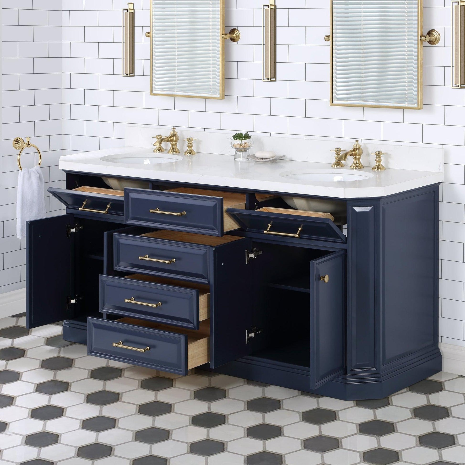 Water Creation Palace 72" Double Sink White Quartz Countertop Vanity in Monarch Blue with Waterfall Faucets