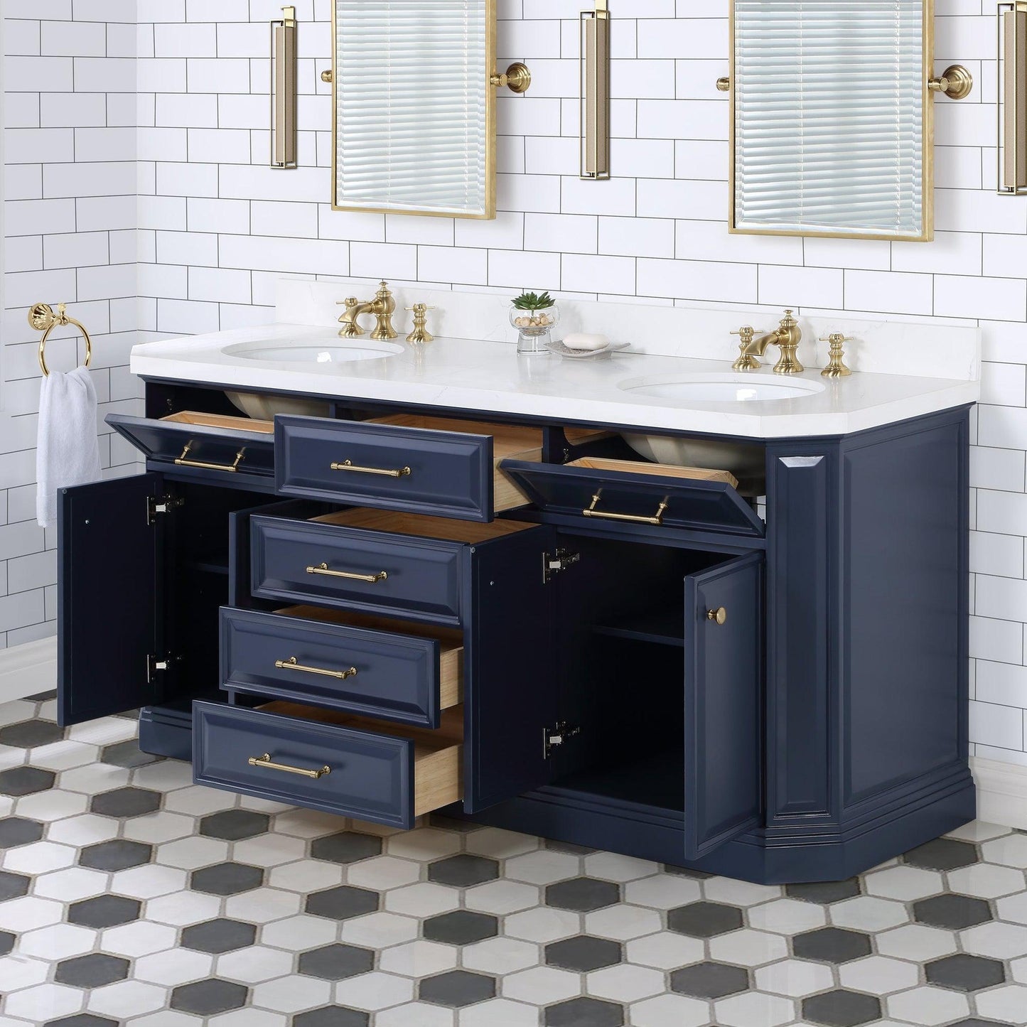 Water Creation Palace 72" Double Sink White Quartz Countertop Vanity in Monarch Blue with Waterfall Faucets and Mirrors