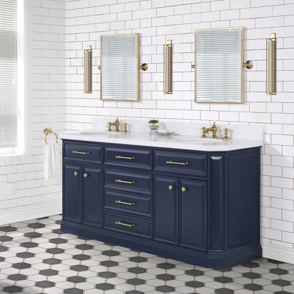 Water Creation Palace 72" Double Sink White Quartz Countertop Vanity in Monarch Blue with Waterfall Faucets