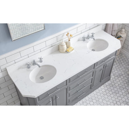 Water Creation Palace 72" Quartz Carrara Cashmere Grey Bathroom Vanity Set With Hardware And F2-0009 Faucets, Mirror in Chrome Finish