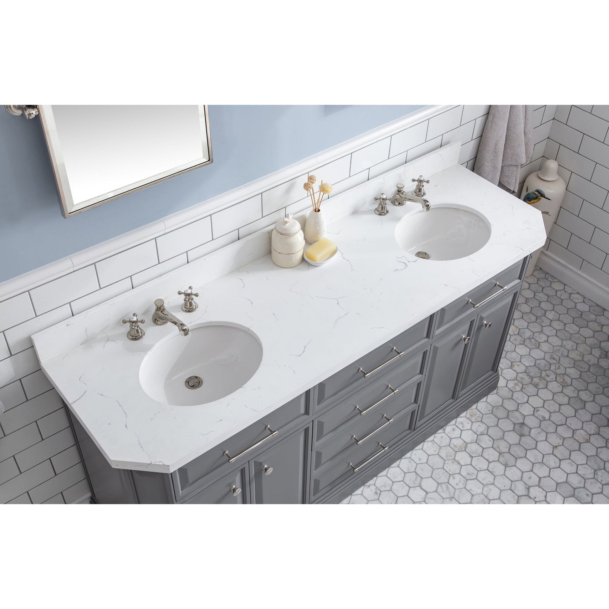 Water Creation Palace 72" Quartz Carrara Cashmere Grey Bathroom Vanity Set With Hardware And F2-0009 Faucets, Mirror in Polished Nickel (PVD) Finish