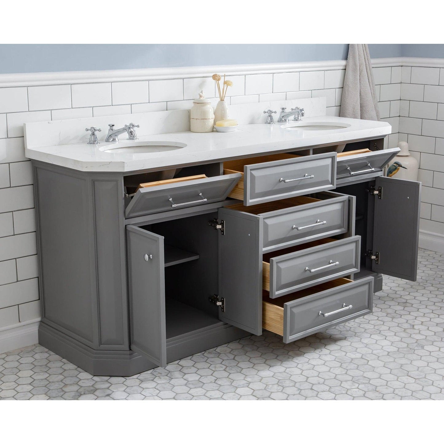 Water Creation Palace 72" Quartz Carrara Cashmere Grey Bathroom Vanity Set With Hardware And F2-0009 Faucets in Chrome Finish