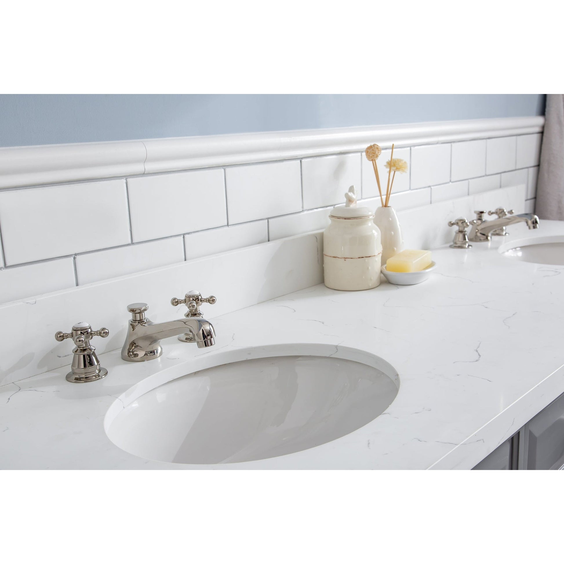 Water Creation Palace 72" Quartz Carrara Cashmere Grey Bathroom Vanity Set With Hardware And F2-0009 Faucets in Polished Nickel (PVD) Finish