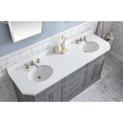 Water Creation Palace 72" Quartz Carrara Cashmere Grey Bathroom Vanity Set With Hardware And F2-0009 Faucets in Polished Nickel (PVD) Finish