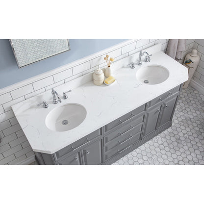 Water Creation Palace 72" Quartz Carrara Cashmere Grey Bathroom Vanity Set With Hardware And F2-0012 Faucets, Mirror in Chrome Finish