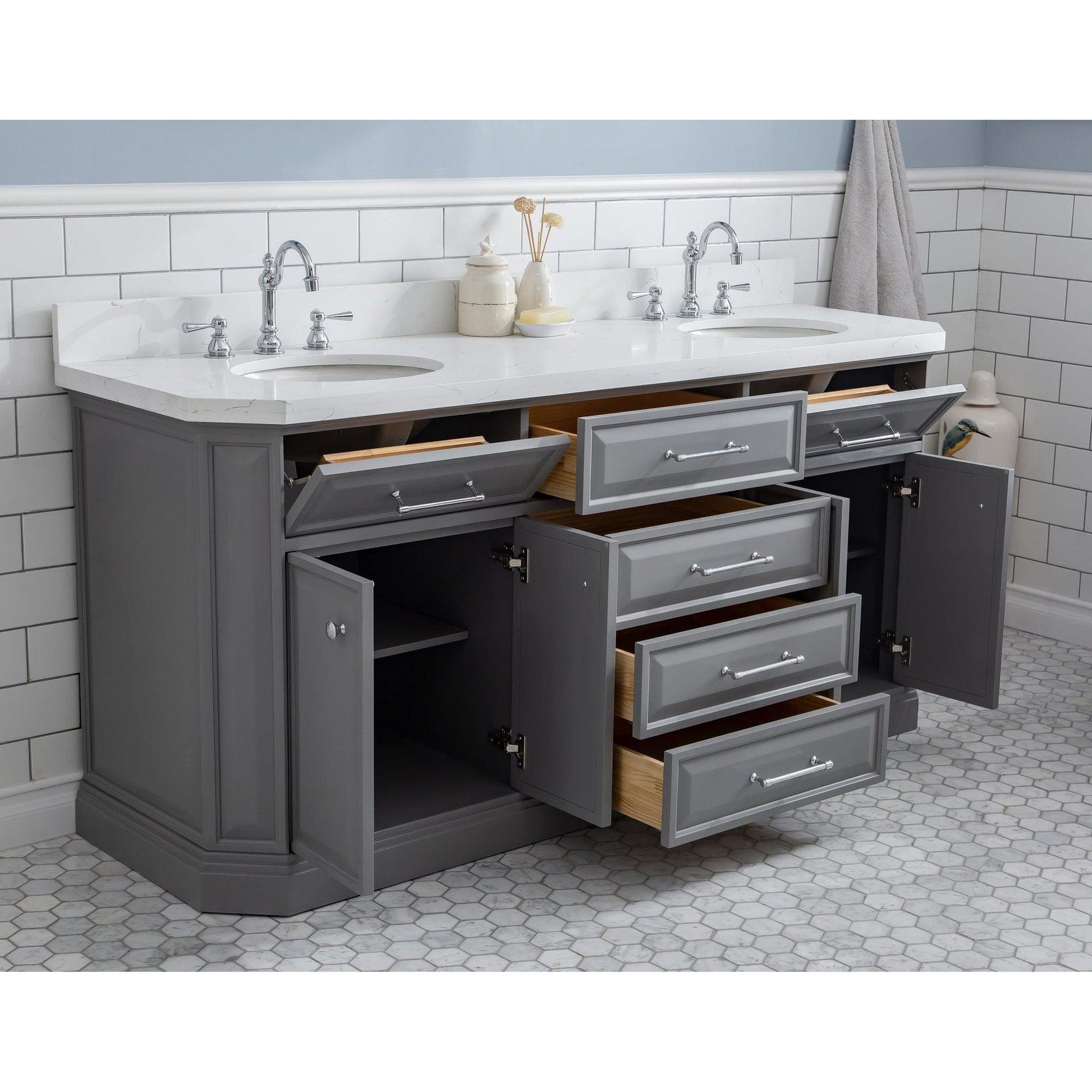 Water Creation Palace 72" Quartz Carrara Cashmere Grey Bathroom Vanity Set With Hardware And F2-0012 Faucets, Mirror in Chrome Finish