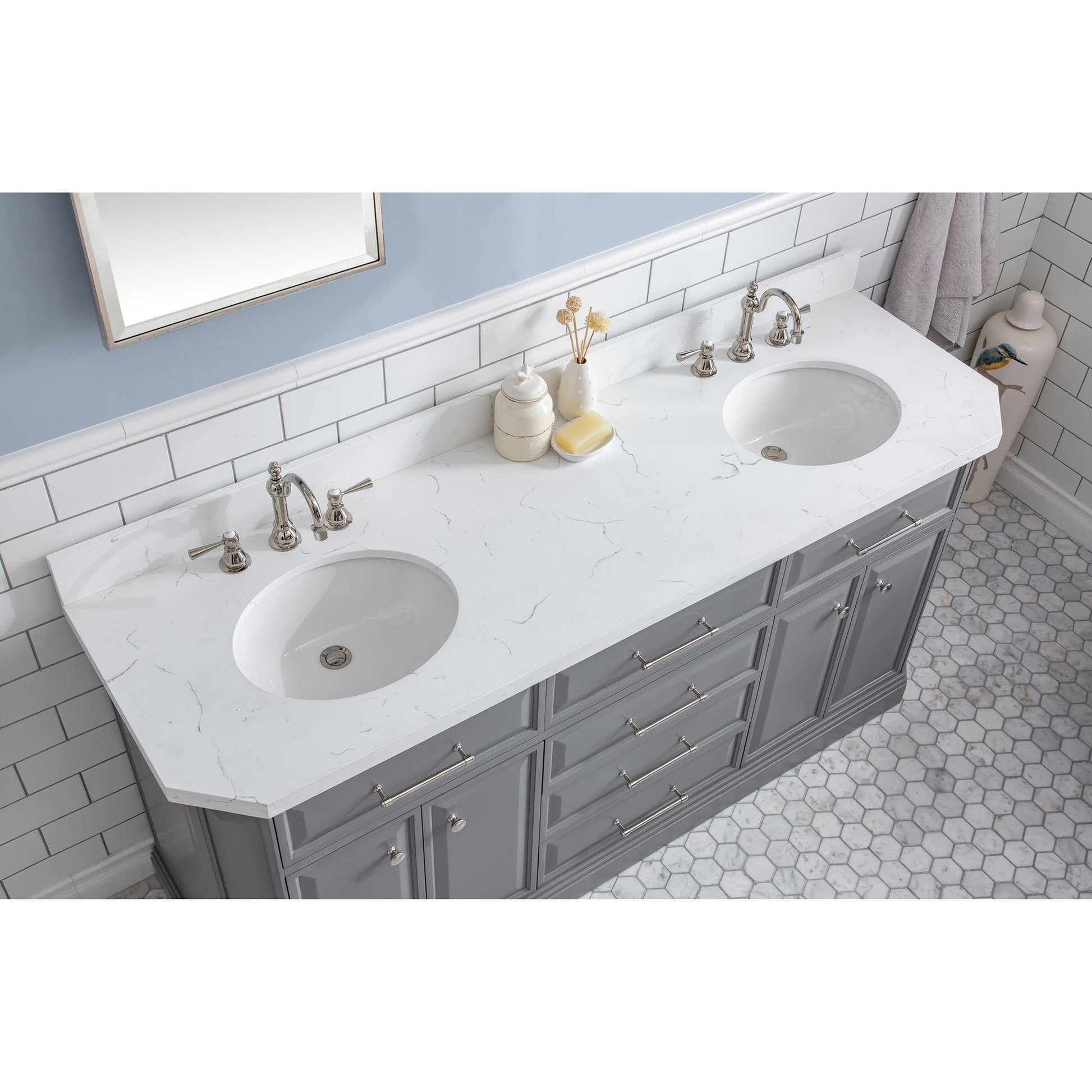 Water Creation Palace 72" Quartz Carrara Cashmere Grey Bathroom Vanity Set With Hardware And F2-0012 Faucets, Mirror in Polished Nickel (PVD) Finish