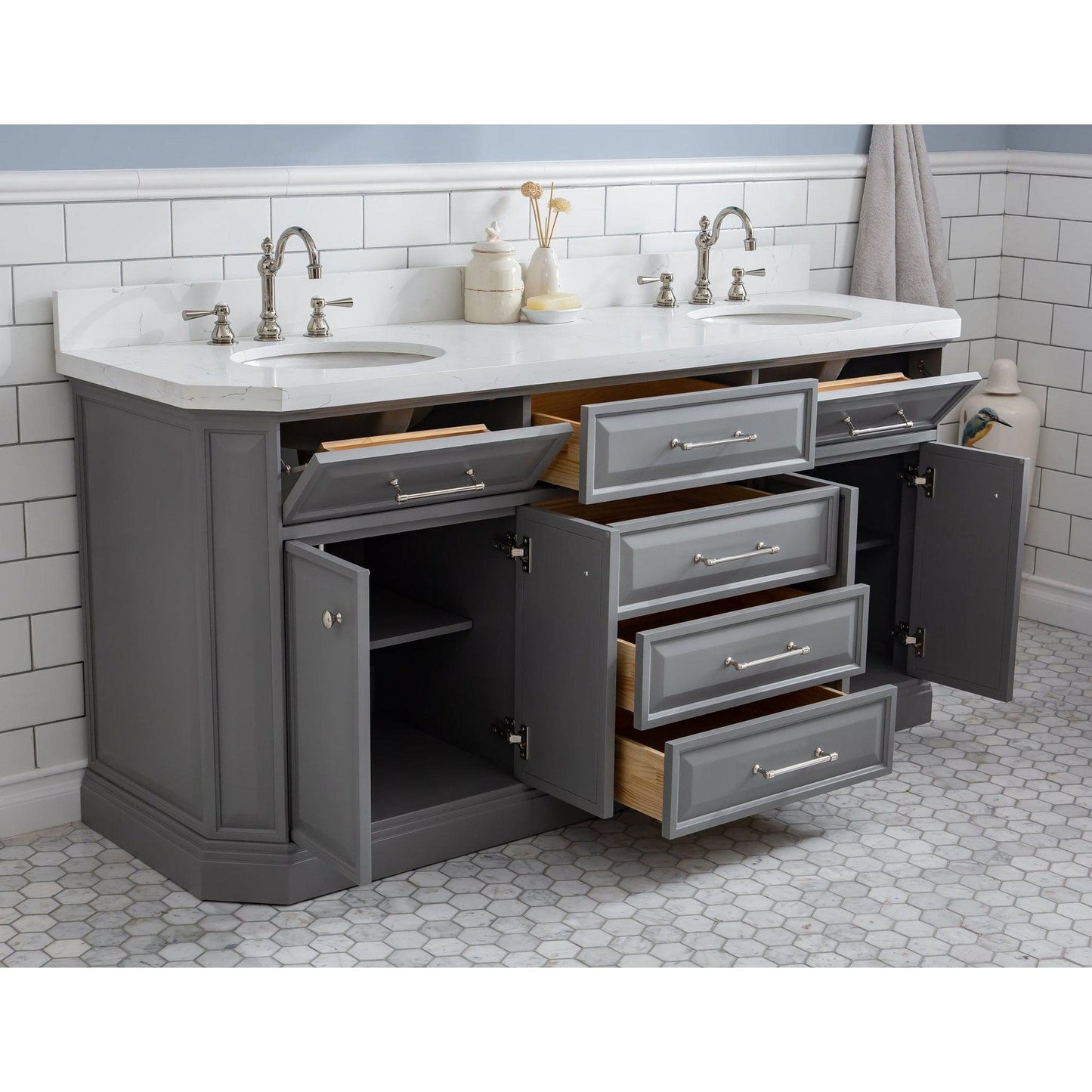 Water Creation Palace 72" Quartz Carrara Cashmere Grey Bathroom Vanity Set With Hardware And F2-0012 Faucets, Mirror in Polished Nickel (PVD) Finish