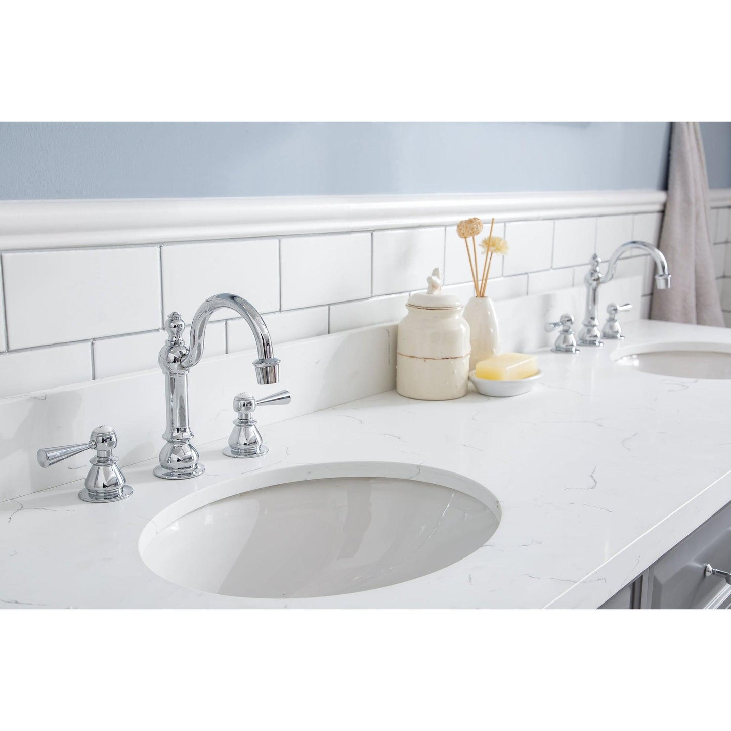 Water Creation Palace 72" Quartz Carrara Cashmere Grey Bathroom Vanity Set With Hardware And F2-0012 Faucets in Chrome Finish