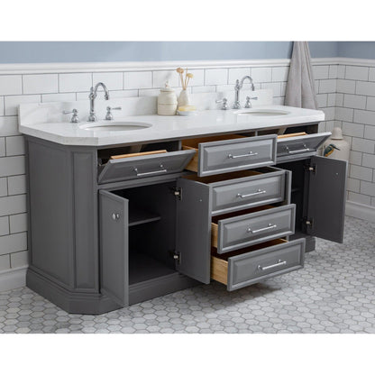 Water Creation Palace 72" Quartz Carrara Cashmere Grey Bathroom Vanity Set With Hardware And F2-0012 Faucets in Chrome Finish