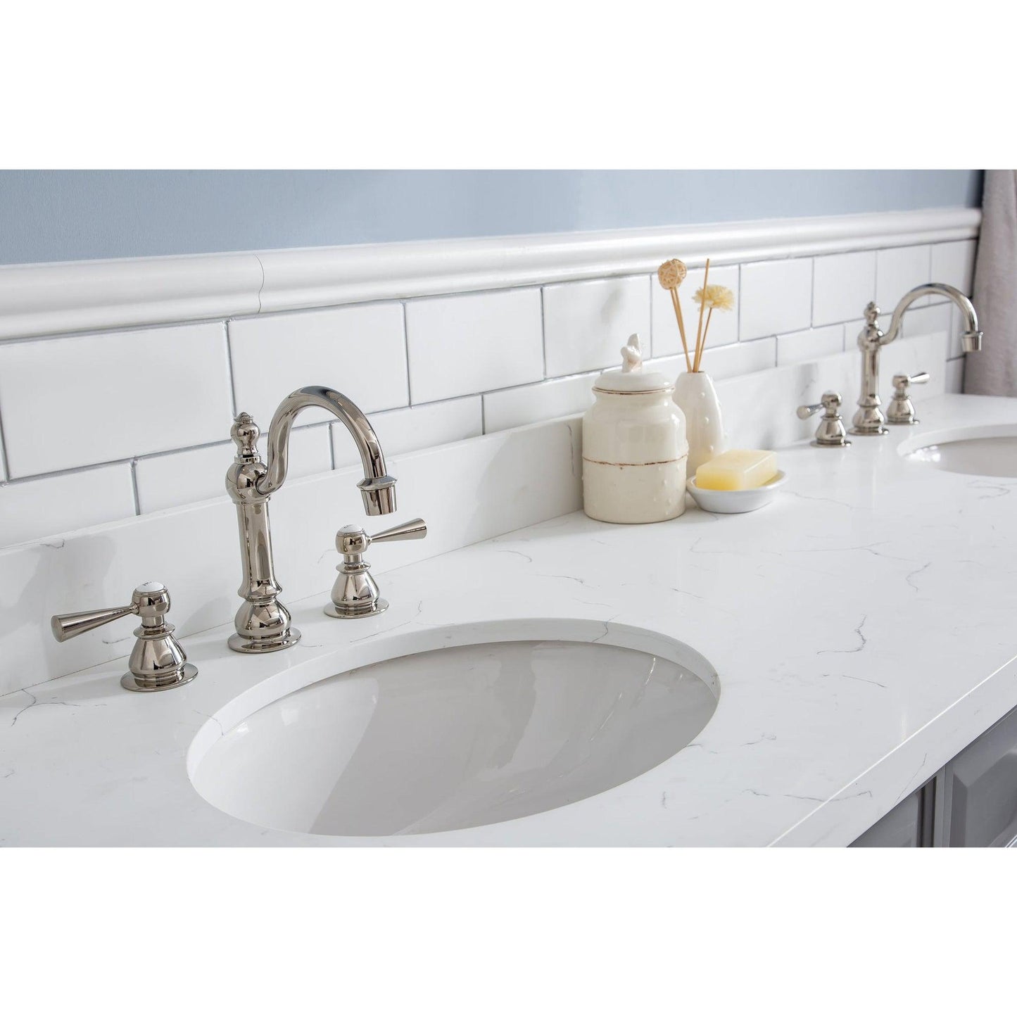 Water Creation Palace 72" Quartz Carrara Cashmere Grey Bathroom Vanity Set With Hardware And F2-0012 Faucets in Polished Nickel (PVD) Finish