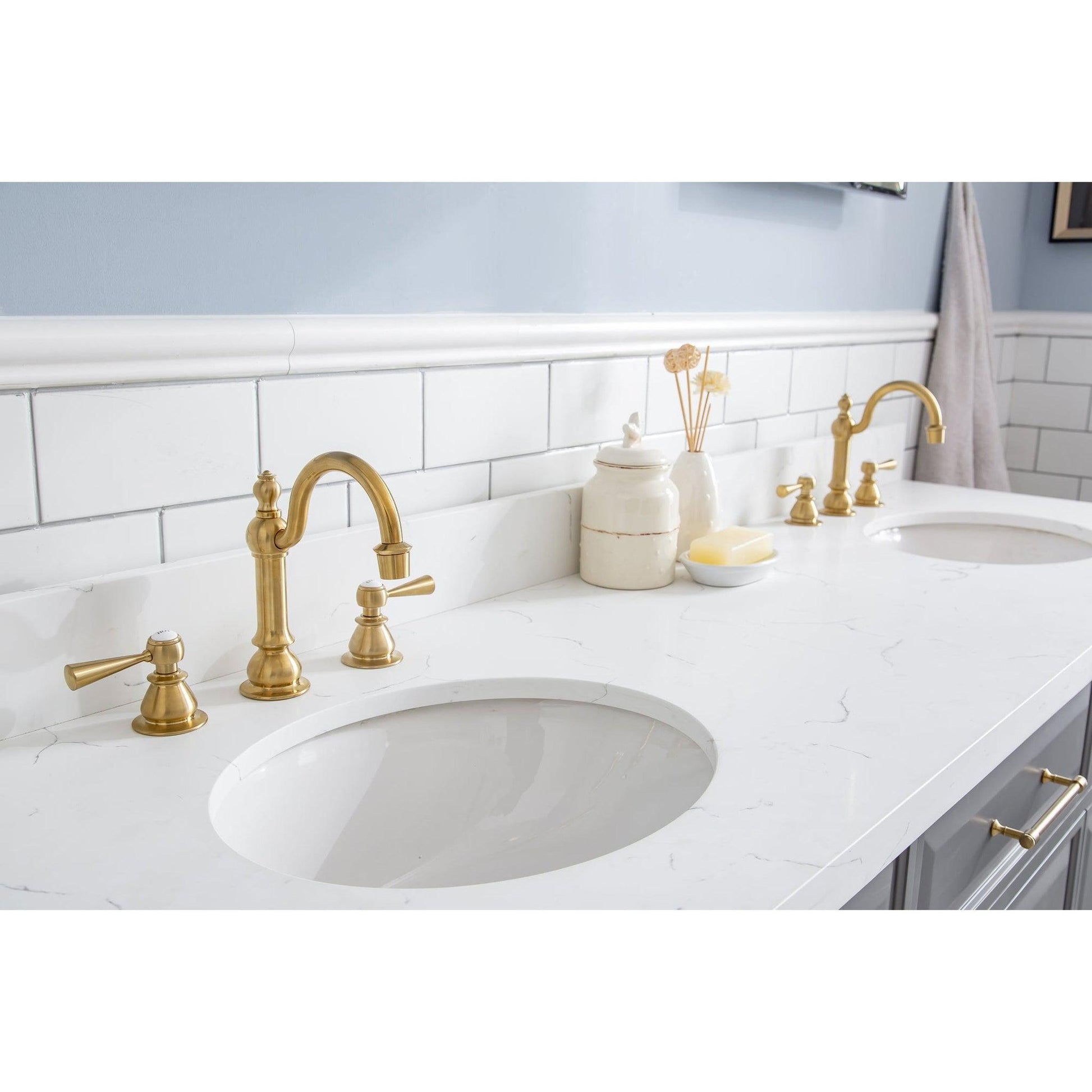 Water Creation Palace 72" Quartz Carrara Cashmere Grey Bathroom Vanity Set With Hardware And F2-0012 Faucets in Satin Gold Finish And Mirrors in Chrome Finish