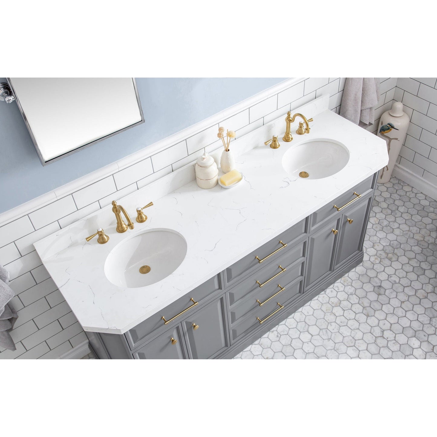 Water Creation Palace 72" Quartz Carrara Cashmere Grey Bathroom Vanity Set With Hardware And F2-0012 Faucets in Satin Gold Finish And Mirrors in Chrome Finish