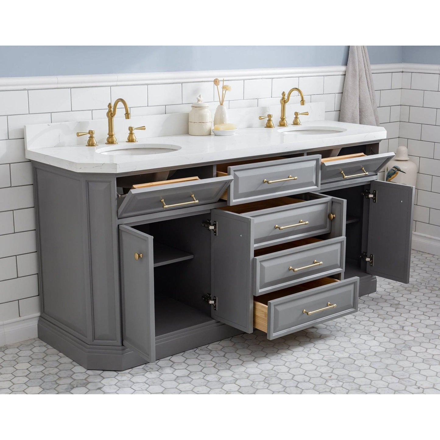 Water Creation Palace 72" Quartz Carrara Cashmere Grey Bathroom Vanity Set With Hardware And F2-0012 Faucets in Satin Gold Finish And Mirrors in Chrome Finish