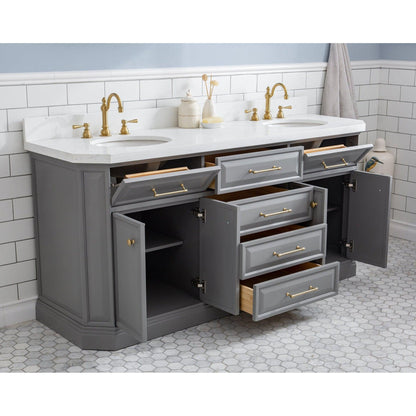 Water Creation Palace 72" Quartz Carrara Cashmere Grey Bathroom Vanity Set With Hardware And F2-0012 Faucets in Satin Gold Finish And Only Mirrors in Chrome Finish
