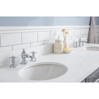 Water Creation Palace 72" Quartz Carrara Cashmere Grey Bathroom Vanity Set With Hardware And F2-0013 Faucets, Mirror in Chrome Finish