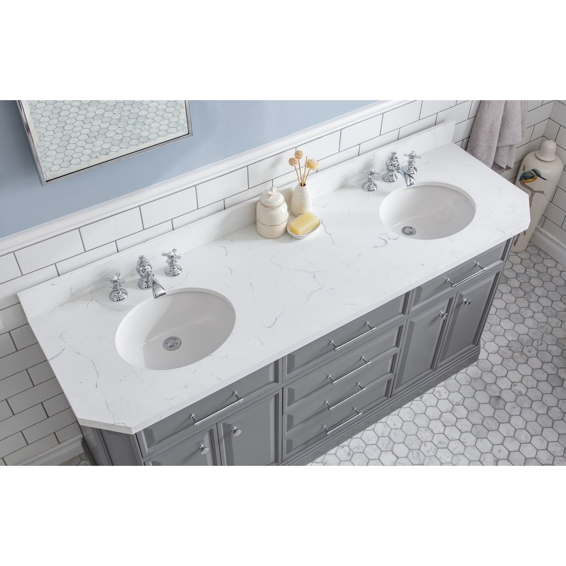 Water Creation Palace 72" Quartz Carrara Cashmere Grey Bathroom Vanity Set With Hardware And F2-0013 Faucets, Mirror in Chrome Finish