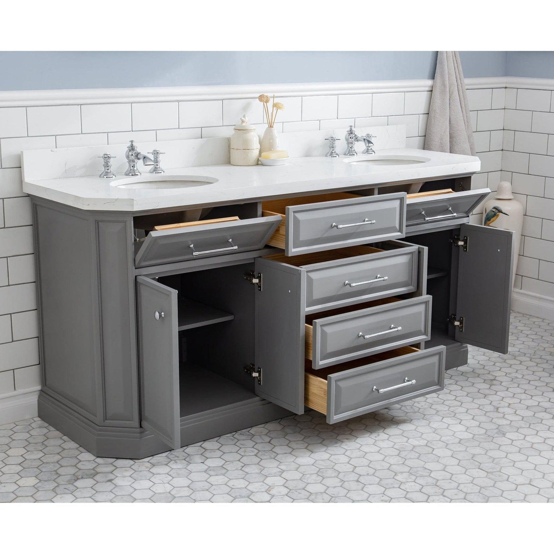 Water Creation Palace 72" Quartz Carrara Cashmere Grey Bathroom Vanity Set With Hardware And F2-0013 Faucets, Mirror in Chrome Finish