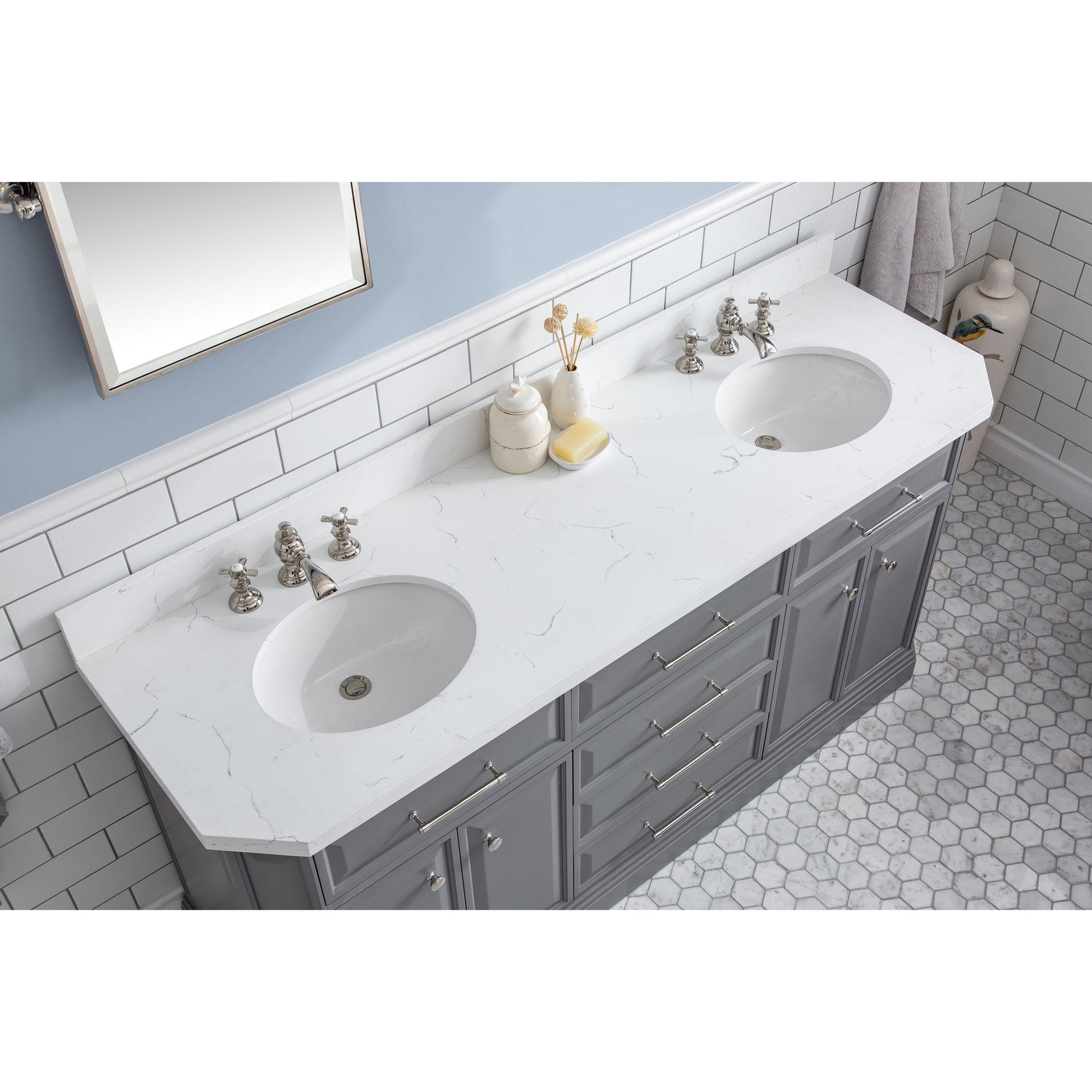 Water Creation Palace 72" Quartz Carrara Cashmere Grey Bathroom Vanity Set With Hardware And F2-0013 Faucets, Mirror in Polished Nickel (PVD) Finish
