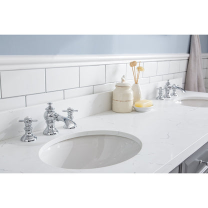 Water Creation Palace 72" Quartz Carrara Cashmere Grey Bathroom Vanity Set With Hardware And F2-0013 Faucets in Chrome Finish
