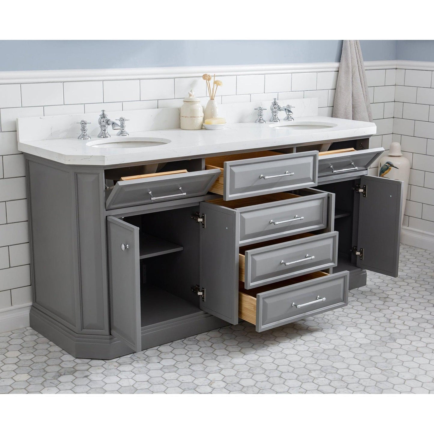 Water Creation Palace 72" Quartz Carrara Cashmere Grey Bathroom Vanity Set With Hardware And F2-0013 Faucets in Chrome Finish