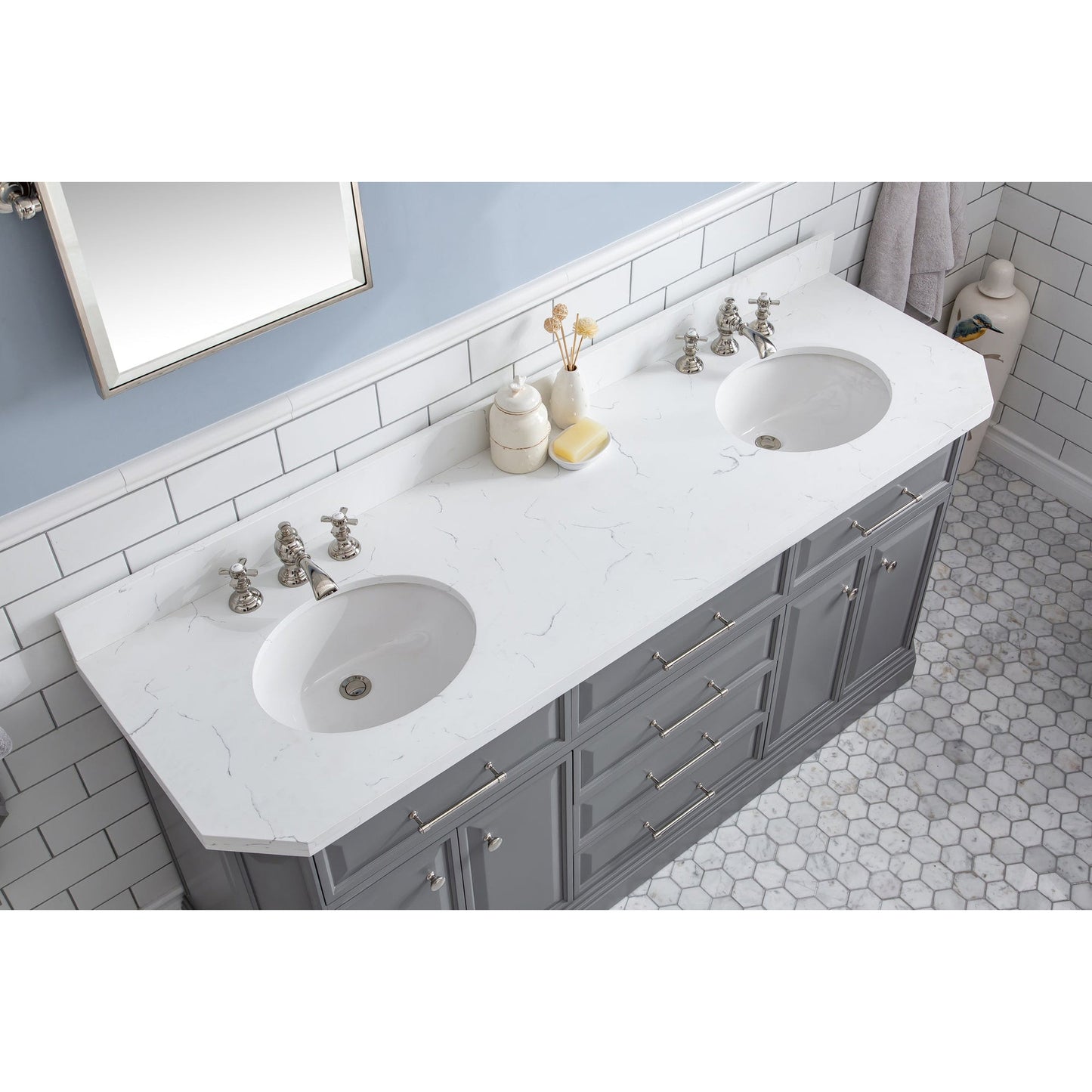 Water Creation Palace 72" Quartz Carrara Cashmere Grey Bathroom Vanity Set With Hardware And F2-0013 Faucets in Polished Nickel (PVD) Finish