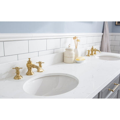 Water Creation Palace 72" Quartz Carrara Cashmere Grey Bathroom Vanity Set With Hardware And F2-0013 Faucets in Satin Gold Finish And Mirrors in Chrome Finish