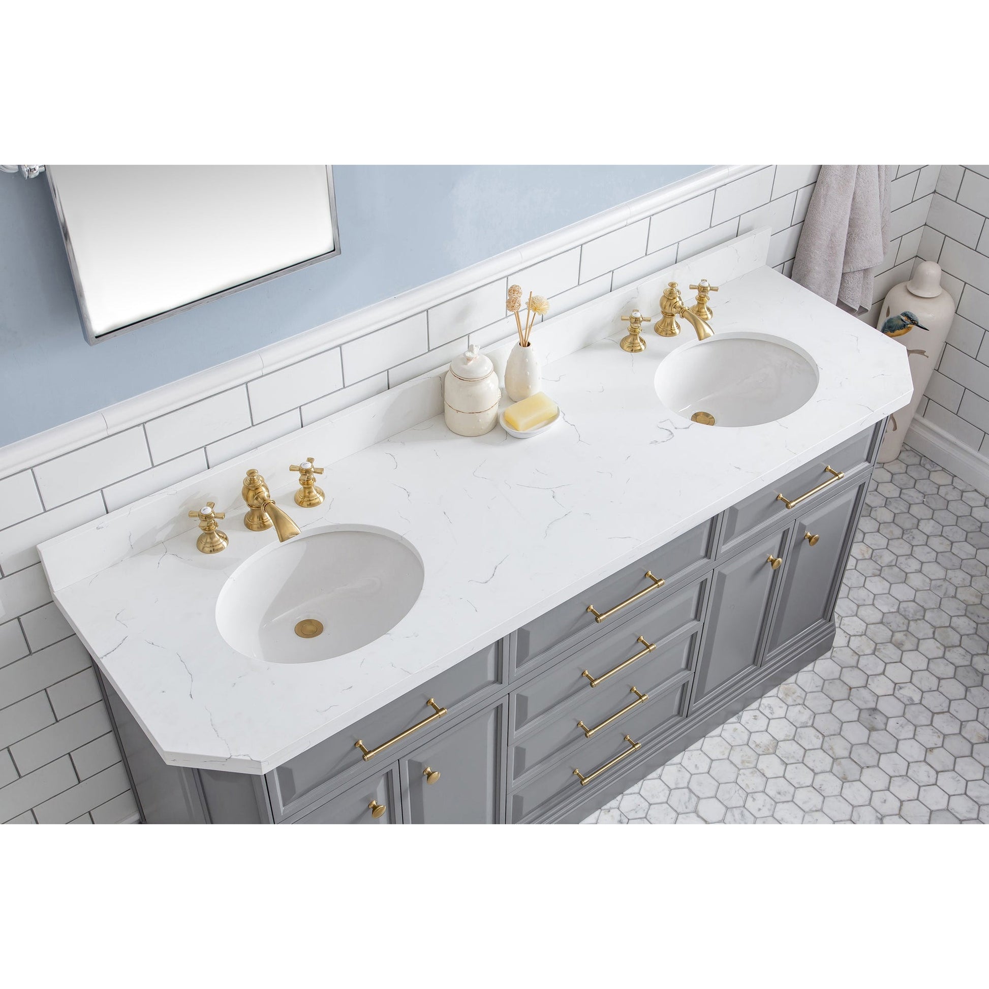 Water Creation Palace 72" Quartz Carrara Cashmere Grey Bathroom Vanity Set With Hardware And F2-0013 Faucets in Satin Gold Finish And Mirrors in Chrome Finish