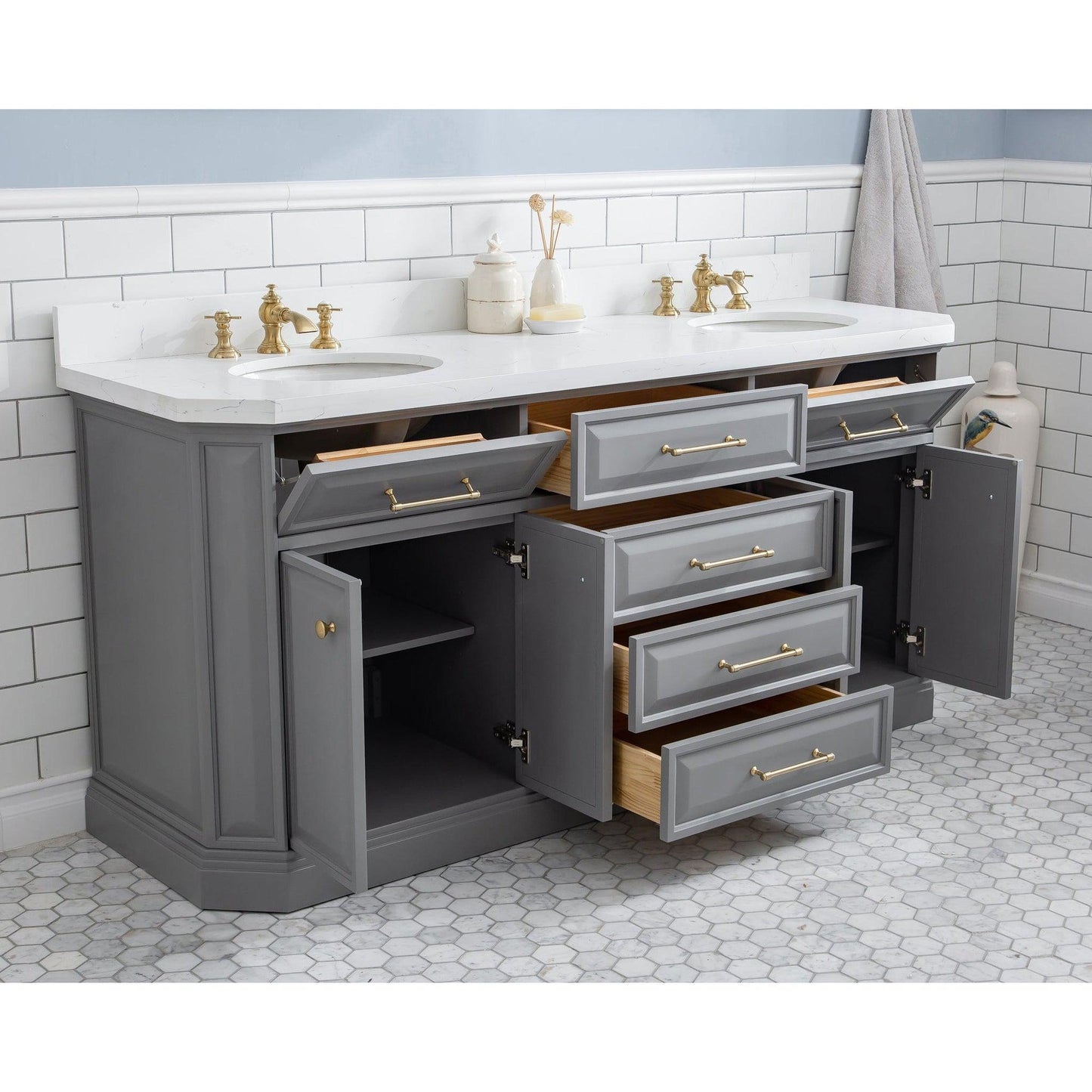 Water Creation Palace 72" Quartz Carrara Cashmere Grey Bathroom Vanity Set With Hardware And F2-0013 Faucets in Satin Gold Finish And Mirrors in Chrome Finish