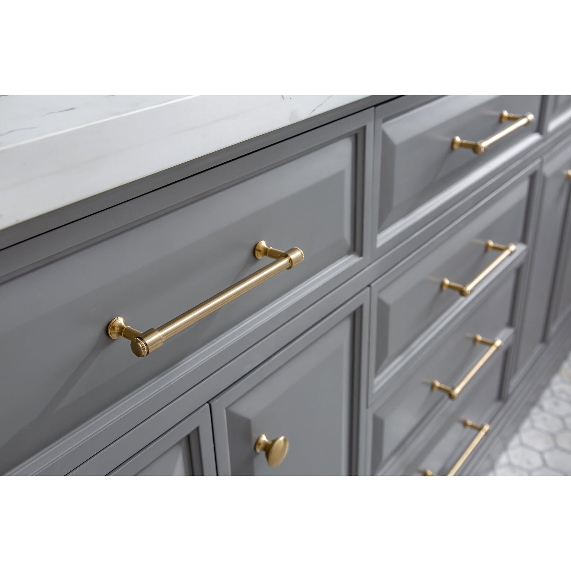 Water Creation Palace 72" Quartz Carrara Cashmere Grey Bathroom Vanity Set With Hardware And F2-0013 Faucets in Satin Gold Finish And Only Mirrors in Chrome Finish