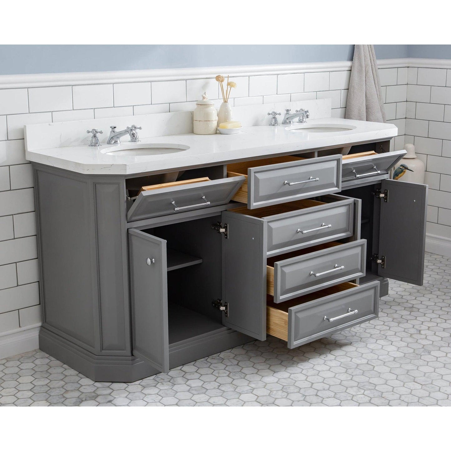 Water Creation Palace 72" Quartz Carrara Cashmere Grey Bathroom Vanity Set With Hardware, Mirror in Chrome Finish