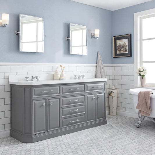 Water Creation Palace 72" Quartz Carrara Cashmere Grey Bathroom Vanity Set With Hardware, Mirror in Chrome Finish