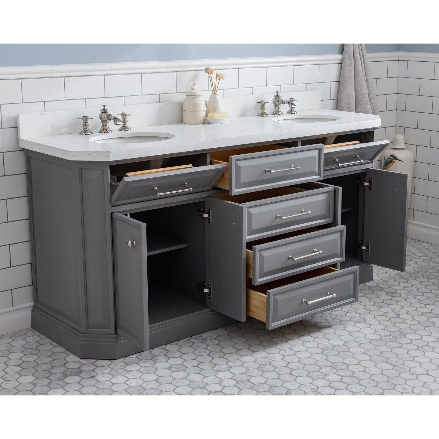 Water Creation Palace 72" Quartz Carrara Cashmere Grey Bathroom Vanity Set With Hardware, Mirror in Polished Nickel (PVD) Finish