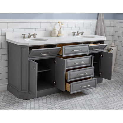 Water Creation Palace 72" Quartz Carrara Cashmere Grey Bathroom Vanity Set With Hardware in Polished Nickel (PVD) Finish