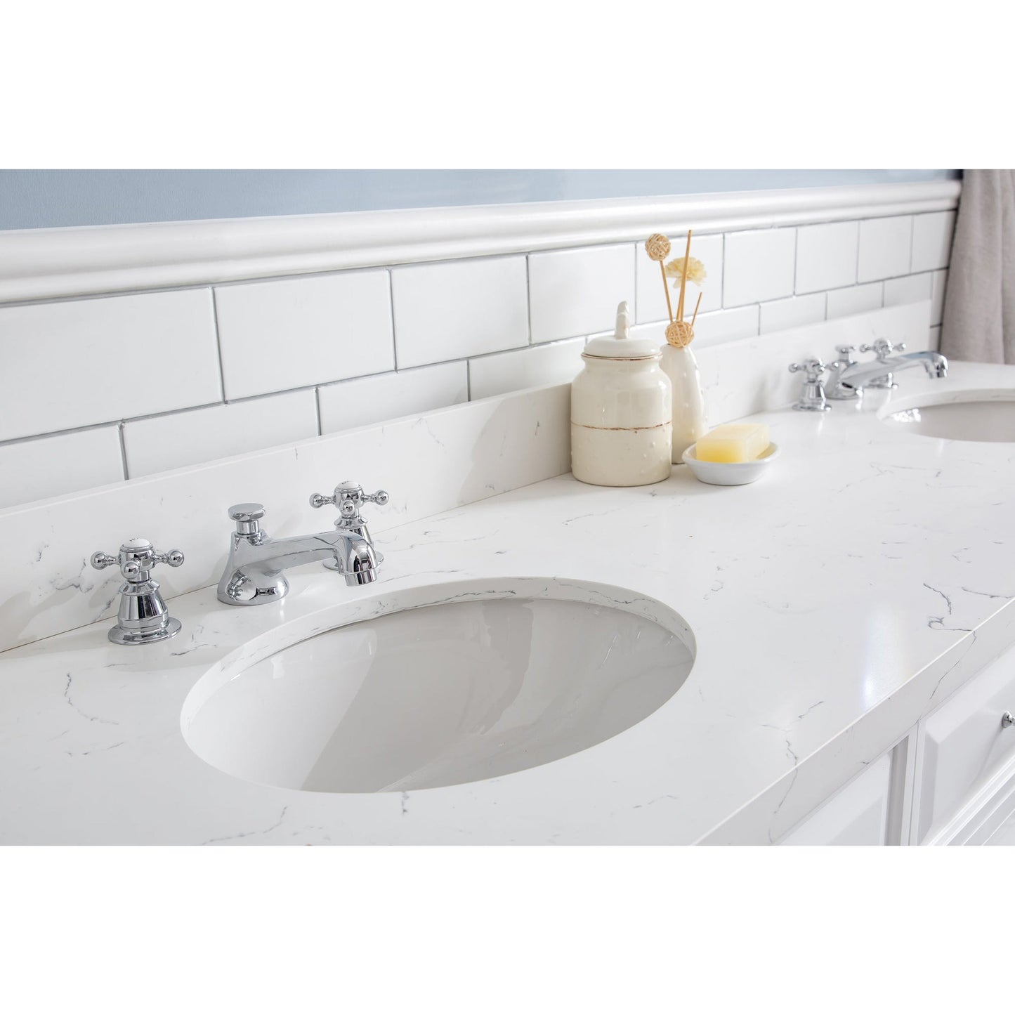 Water Creation Palace 72" Quartz Carrara Pure White Bathroom Vanity Set With Hardware And F2-0009 Faucets, Mirror in Chrome Finish