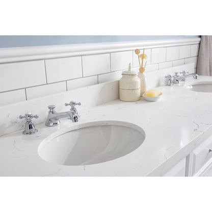 Water Creation Palace 72" Quartz Carrara Pure White Bathroom Vanity Set With Hardware And F2-0009 Faucets, Mirror in Chrome Finish