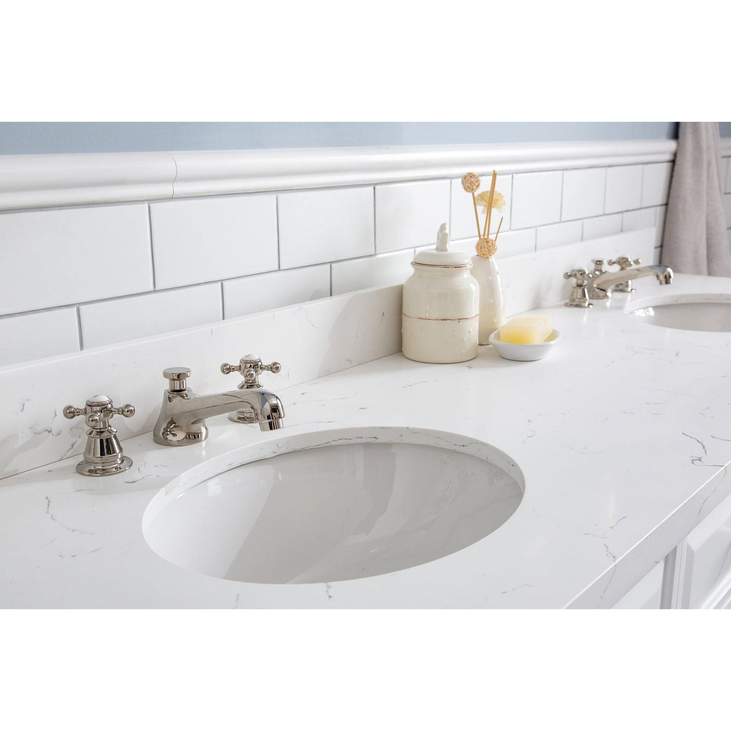 Water Creation Palace 72" Quartz Carrara Pure White Bathroom Vanity Set With Hardware And F2-0009 Faucets, Mirror in Polished Nickel (PVD) Finish