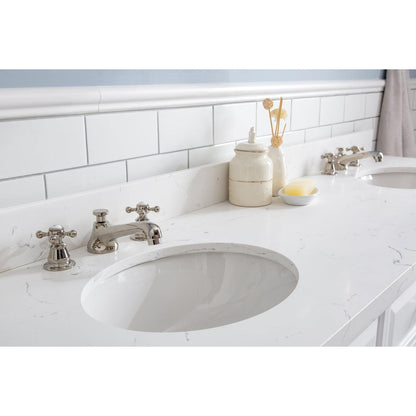 Water Creation Palace 72" Quartz Carrara Pure White Bathroom Vanity Set With Hardware And F2-0009 Faucets, Mirror in Polished Nickel (PVD) Finish