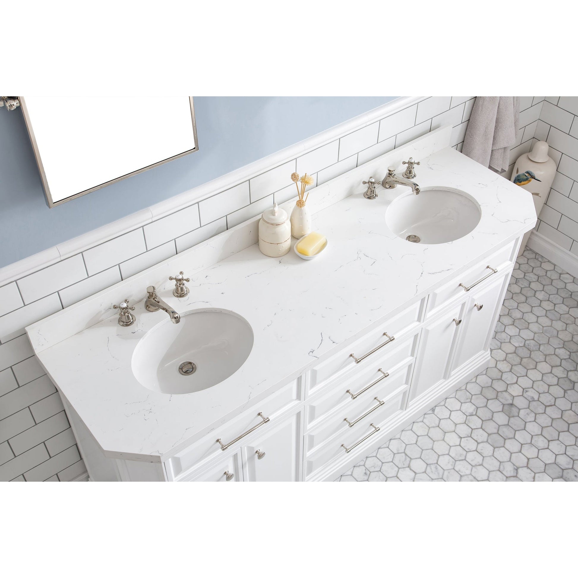 Water Creation Palace 72" Quartz Carrara Pure White Bathroom Vanity Set With Hardware And F2-0009 Faucets, Mirror in Polished Nickel (PVD) Finish