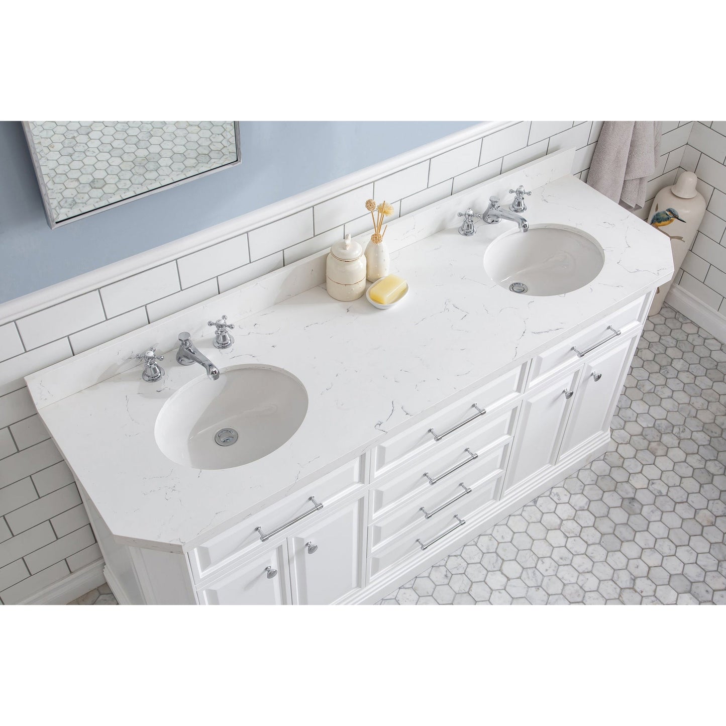 Water Creation Palace 72" Quartz Carrara Pure White Bathroom Vanity Set With Hardware And F2-0009 Faucets in Chrome Finish