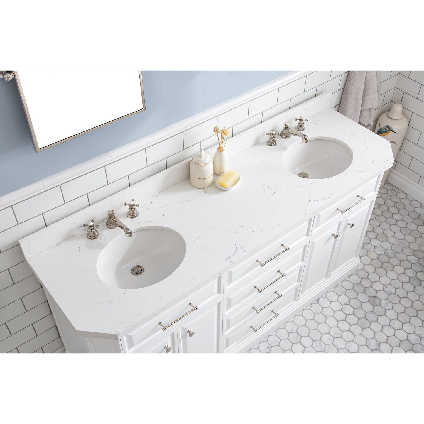 Water Creation Palace 72" Quartz Carrara Pure White Bathroom Vanity Set With Hardware And F2-0009 Faucets in Polished Nickel (PVD) Finish