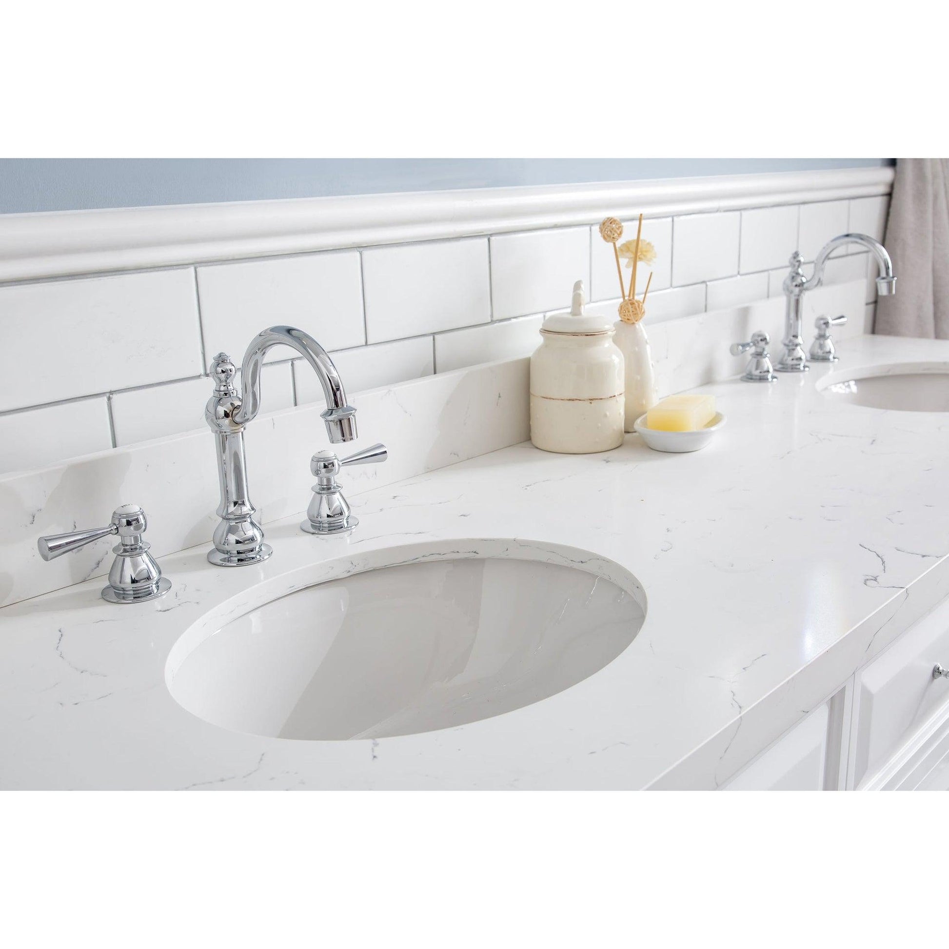 Water Creation Palace 72" Quartz Carrara Pure White Bathroom Vanity Set With Hardware And F2-0012 Faucets, Mirror in Chrome Finish