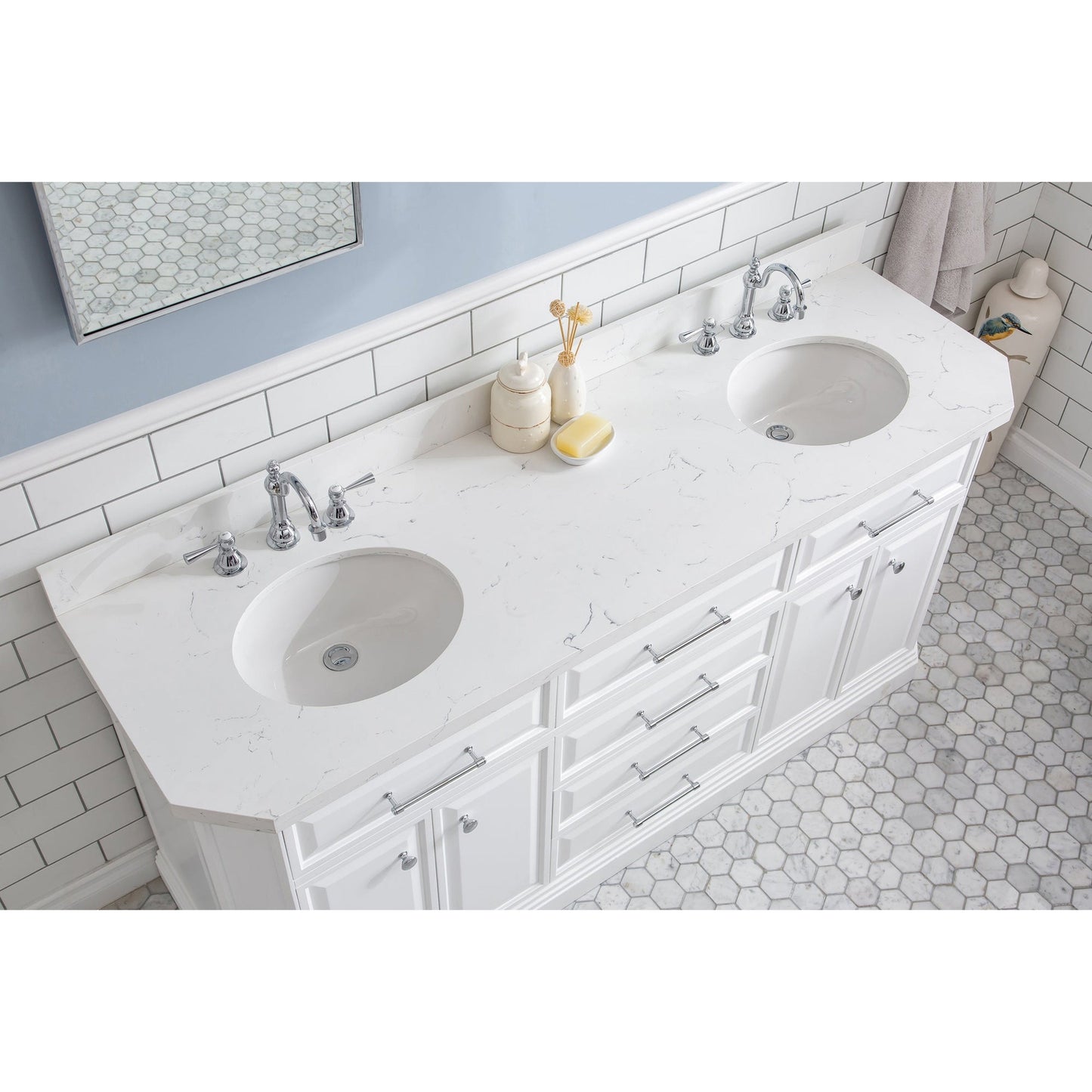 Water Creation Palace 72" Quartz Carrara Pure White Bathroom Vanity Set With Hardware And F2-0012 Faucets, Mirror in Chrome Finish